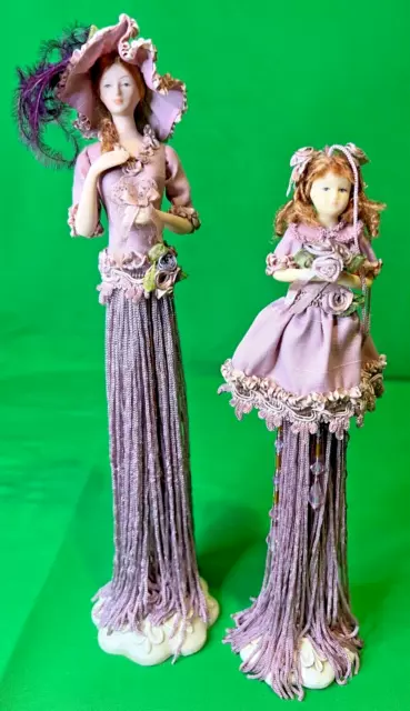 2003 Popular Creations Victorian Tassel Mother & Daughter Dolls W/Stands (Mauve)