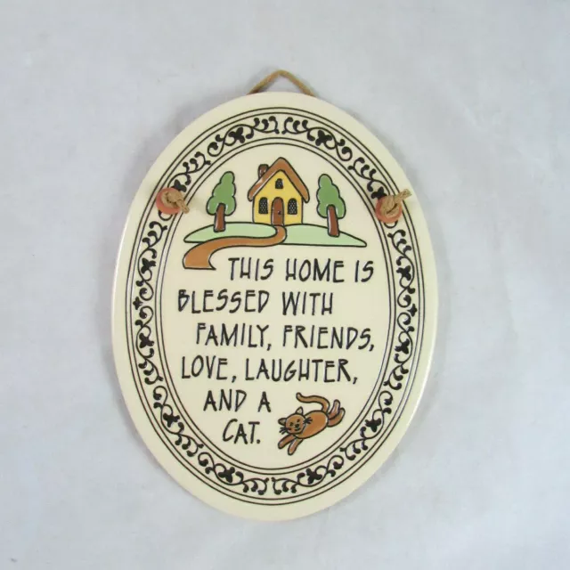 A Cat Blessed Home Ceramic Wall Plaque 5 x 7 Trinity Pottery Made in USA