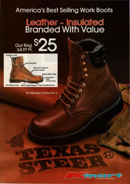 1984 Vintage Print Ad Kmart Texas Steer Work Boots Leather Insulated Value