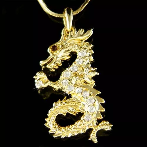Dragon made with Swarovski Crystal Chinese Amulet Oriental Fairy Gold P Necklace