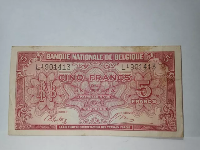 Belgium Banque Nationale De Belgique Bank Note 5 Francs Dated 1 Febuary 1943