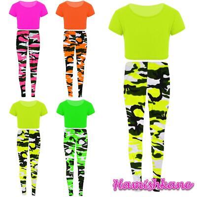 Kids Plain Neon Crop Top Army Leggings Pants Girls 2 Pcs Dance Set 7-13 Years