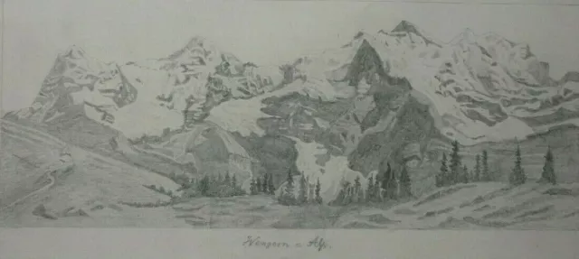 BLEISTIFT ZEICHNUNG Wengernalp Eiger Schweiz vor 1910 ca. 26 x 18,5 cm Ehlers