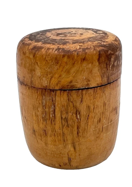 EARLY ANTIQUE TREENWARE Lidded CONTAINER Wooden TREEN JAR w/ NOTE 3.5 ...