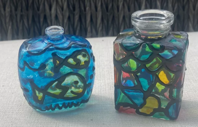 Pair Of Abstract Fused Glass Decorative Small Bottles Fish Stained Glass Vanity