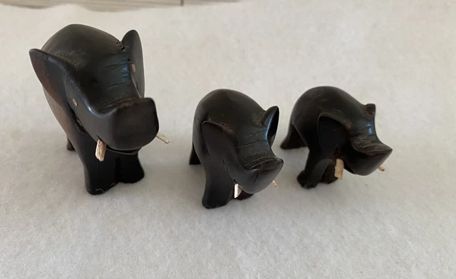 Vintage Elephant Family Carved Wood Miniature Figurines Set of 3