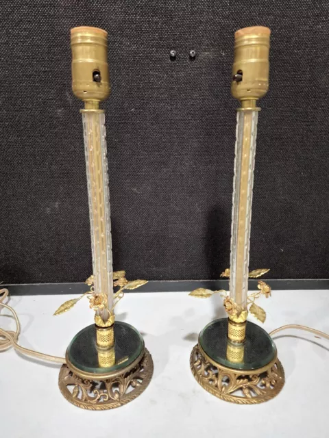 PAIR (2)  Cut Glass Gold Gilt Metal Roses Ornate MIrrored Base Boudoir Lamps