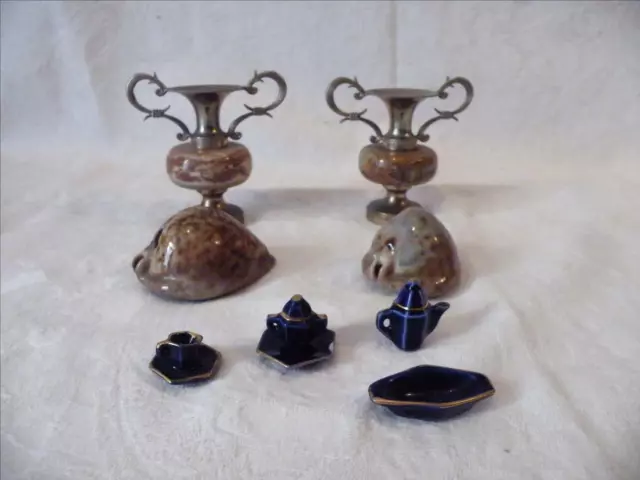 LOT mini vases albâtre /métal + Cyprée cypraéa + miniatures porcelaine Limoges