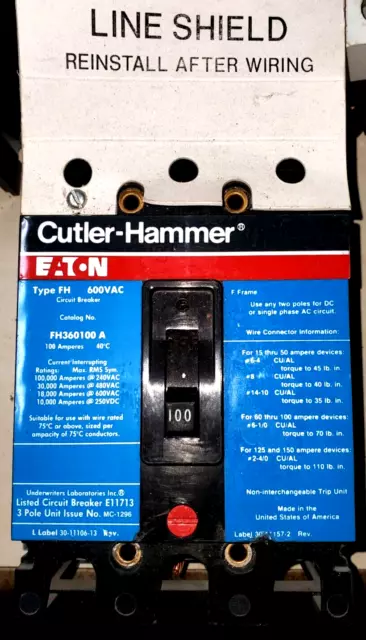 Eaton Fh360100A Cutler-Hammer Circuit Breaker 100A 3 Pole 600Vac 100 Amp 3-Pole