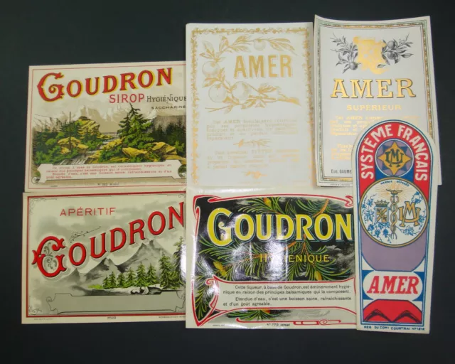 Ga Lot 6 Etiquettes Originales Amer Et Goudron Alcool Boisson Labels Anciennes