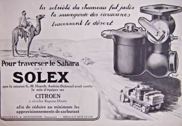 Publicité De Presse 1923 Carburateur Solex Pour Traverser Le Sahara Avec Citroen
