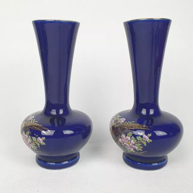 Pair of Small Vases Cobalt Blue Made In Japan Pheasants  Floral Set of 2 - 1045 2