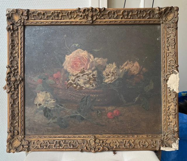 tableau art peinture huile sur bois hsb cerise rose signé BERNET Théophile 1903