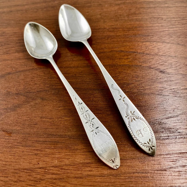 (2) John Burger Colonial Coin Silver Teaspoons Wrigglework Engraving Nyc 1786