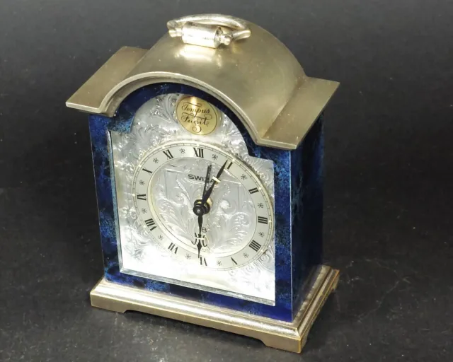 Vintage SWIZA 8 small alarm clock with Lapis Lazuli and silvered brass case