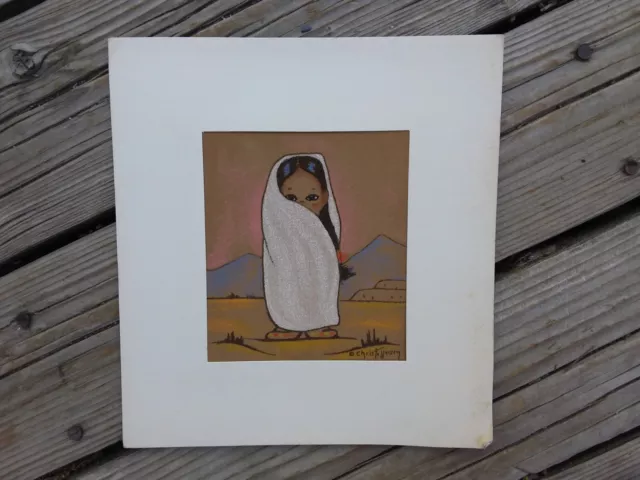 2 Vintage Southwest Tewa Paintings Native American Indian Woman Girl Culture Art