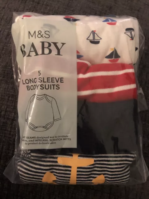 BABY BOYS M&S Sail Boat/Anchor Long Sleeved Bodysuits Vests Age/Size Newborn NEW