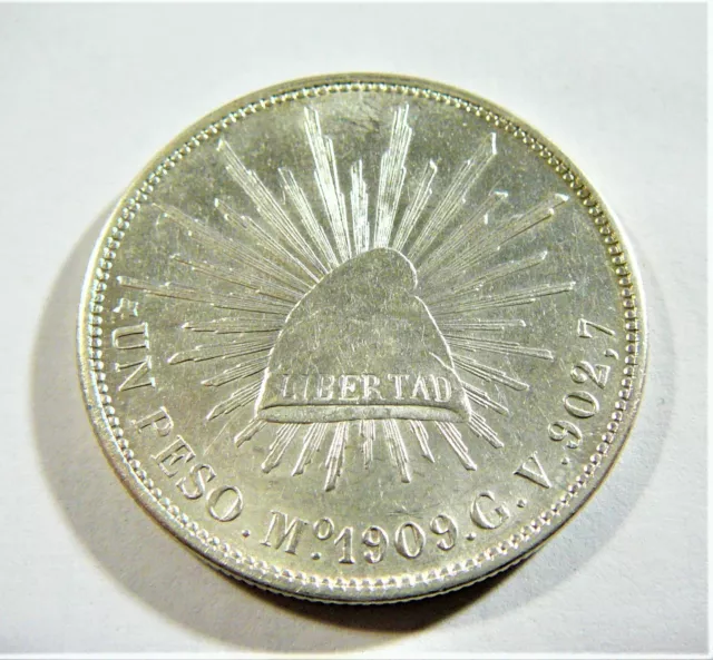 MEXICO 1909 Mo G.V. SILVER  PESO  in UNC