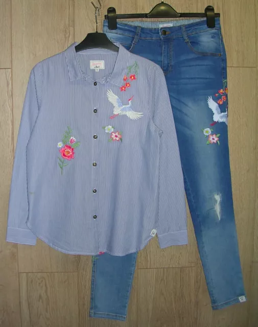 Mantaray Girls Blue Stripe Shirt Top & Matching Denim Jeans Outfit Age 13