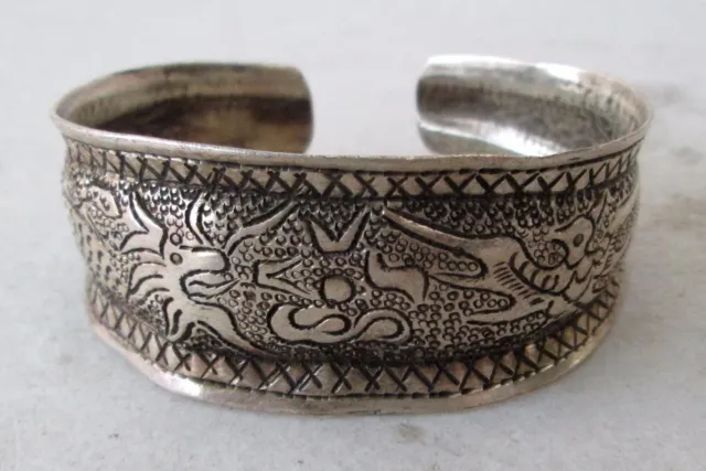 Old Hmong Hill Tribe Unisex Silver Adjustable Bracelet Dragon & Bird Design