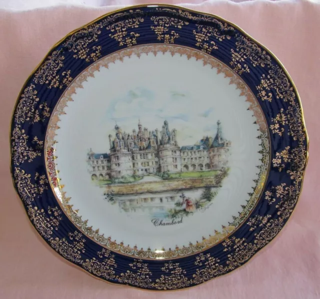 Assiette décoration Limoges porcelaine Château de Chambord marli bleu de four or