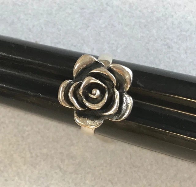 Etched Big ROSE Flower Oxidized Mexican 925 Sterling Silver Taxco Ring Size 5.25