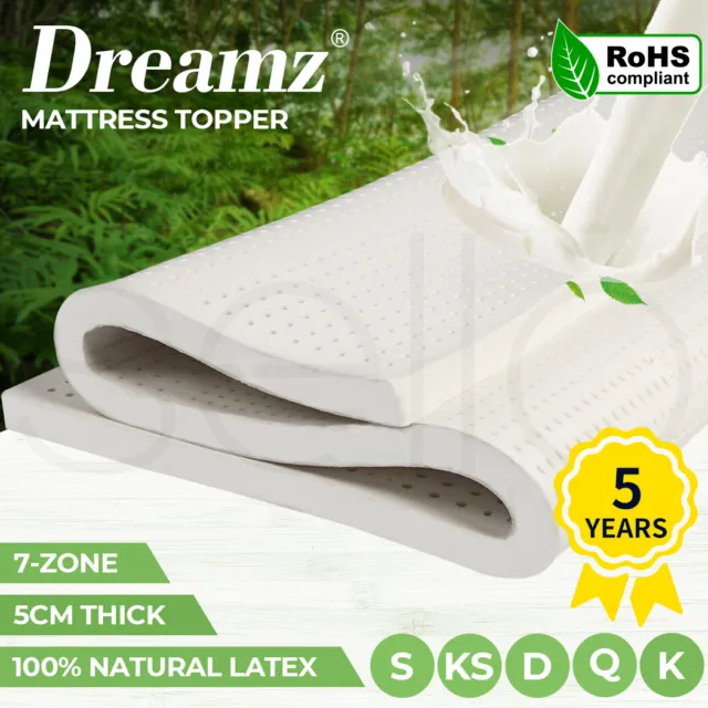 Dreamz Latex Mattress Topper All Size Natural 7 Zone Bedding Removable Cover 5cm