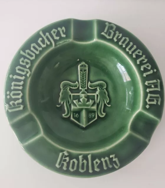 Vintage German Green Ceramic Ashtray Konigsbacher Brauerei Koblenz Germany 6”