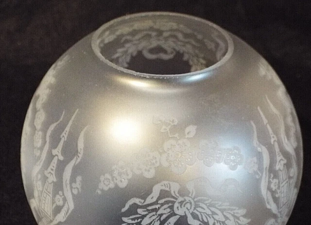Old Antique GLASS OIL LAMP BANQUET SHADE Mini Ball Frosted FLORAL 3 1/4" Fitter 2