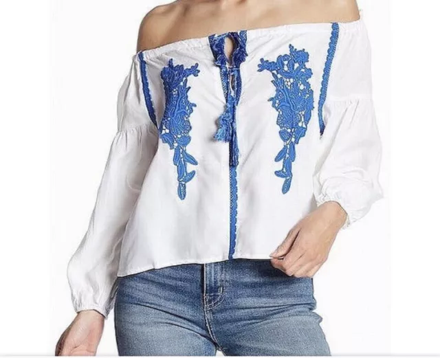 Line & Dot Womens Blue Floral Embroidered Off the Shoulder Top Shirt XS Peasant