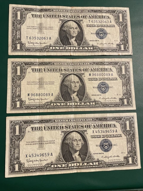 1957 B $1 Dollar Silver Certificate Blue Seal Dollar Bill Lot of 3
