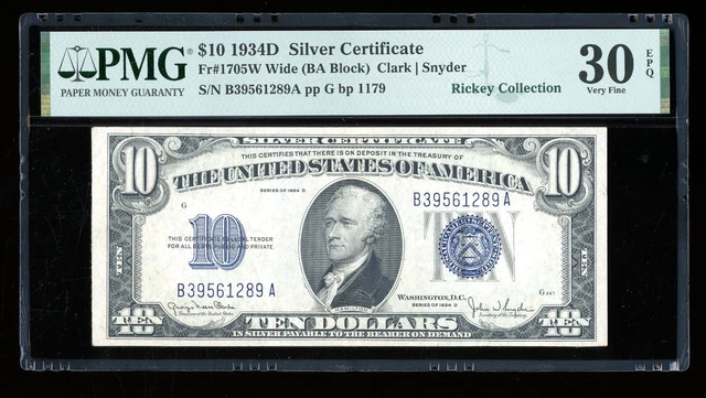 DBR 1934-D $10 Silver Wide Fr. 1705W PMG 30 EPQ Serial B39561289A