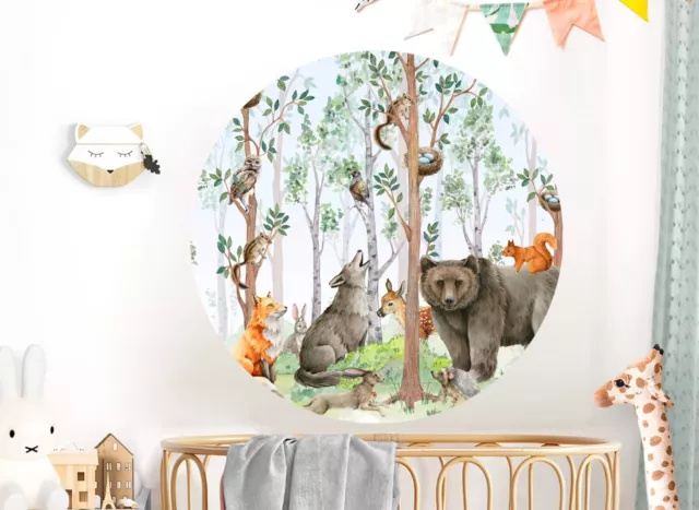 Woodland Animals Forest Bear Wolf Fox Rabbit Round Wall Decal Peel and Stick