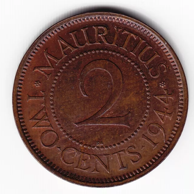 MAURITIUS 2 cents 1944-SA KM22 Br TOP GRADE wonderful toning Minted 500,000 RARE