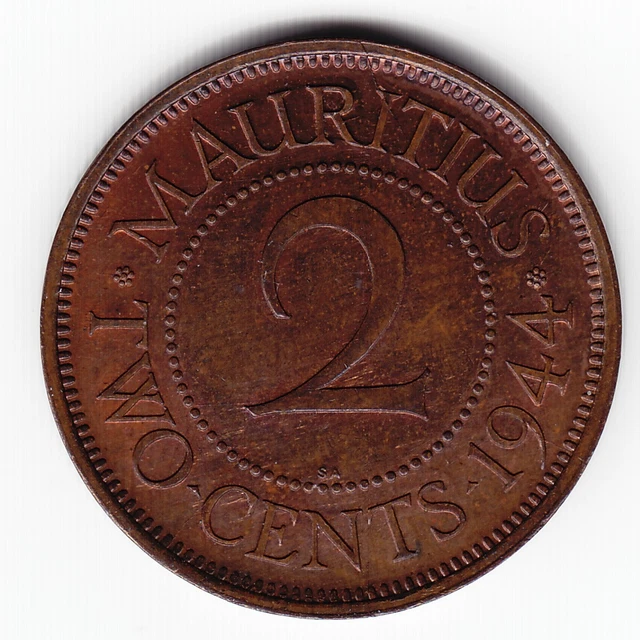 MAURITIUS 2 cents 1944-SA KM22 Br TOP GRADE wonderful toning Minted 500,000 RARE