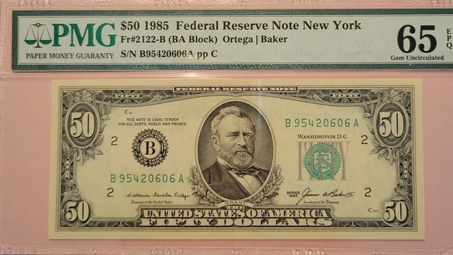1985 $50 Fr#2122-B Federal Reserve New york Note PMG 65EPQ GEM UNCIRCULATED