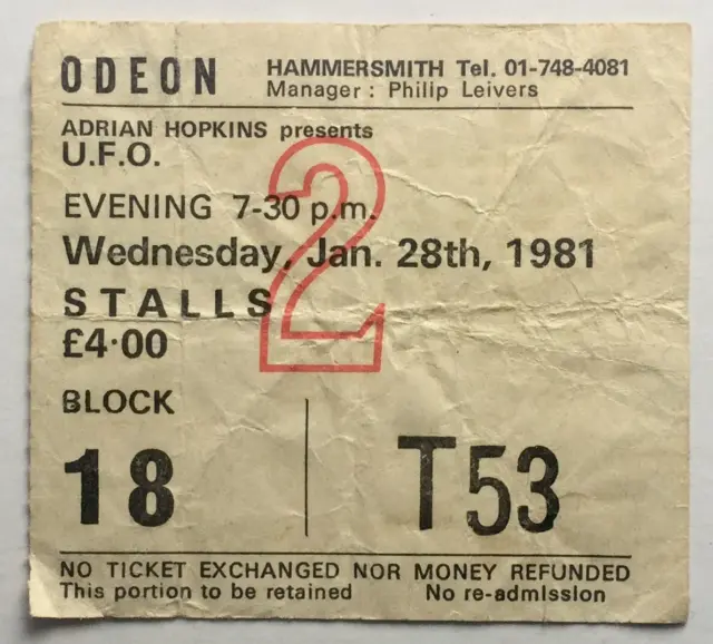 UFO U.F.O. Original Used Concert Ticket Hammersmith Odeon London 28th Jan 1981