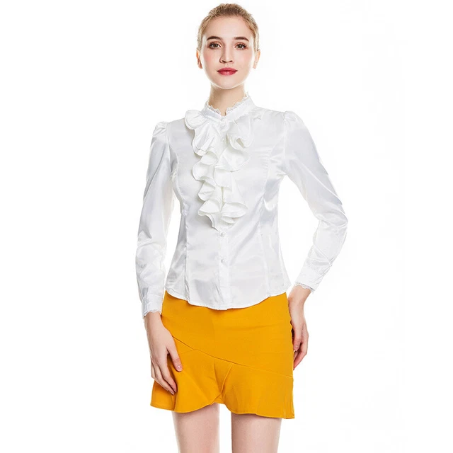Femme Ruche Faux Satin Soie Haut Chemisier Dentelle Bouton Bureau Habillé Blanc