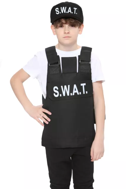 Kids Boys SWAT Team Commander Police Cop Fancy Dress Costume SWAT Vest & Cap Set