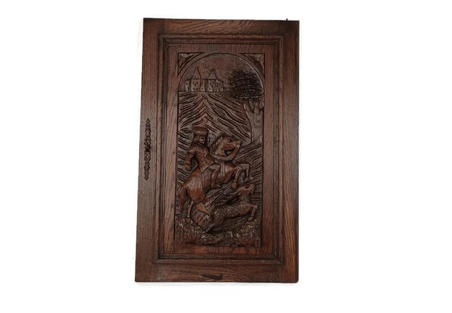 Antique French hand Carved Wood Oak Door Panel Reclaimed Architectural Hare Rabb
