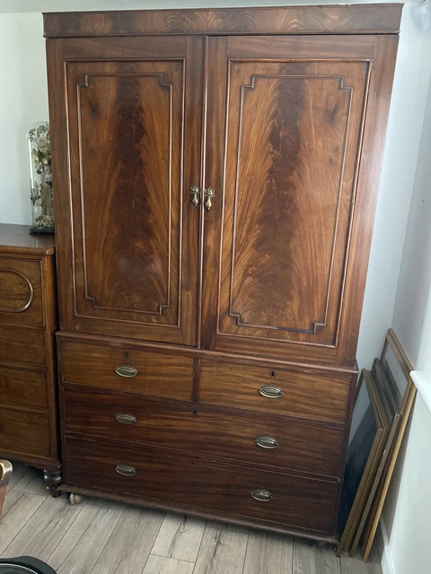 Antique English Flame Mahogany Linen Press Chest Wardrobe Cupboard