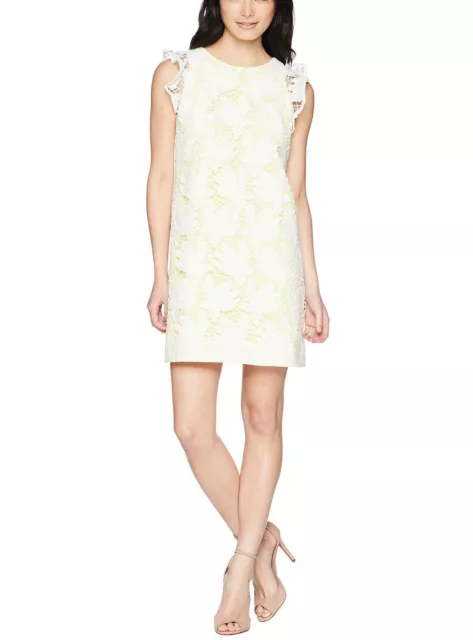 NWT Tahari by ASL Petite Ruffle Sleeve Novelty Sheath Dress White/Lemon Size 10P