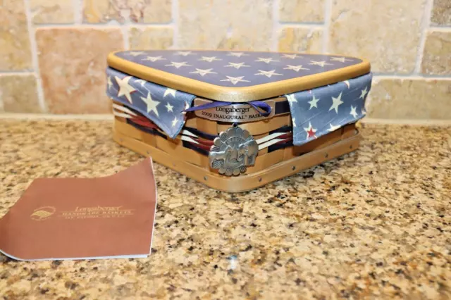 Longaberger 2009 Inaugural Patriotic Flag Basket Wood Lid Liner Protector Tie-on