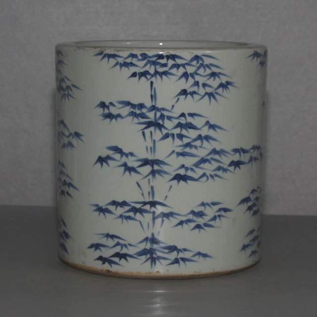 7.2" Collect China Blue White Porcelain Underglaze Colou Bamboo Grain Brush Pot