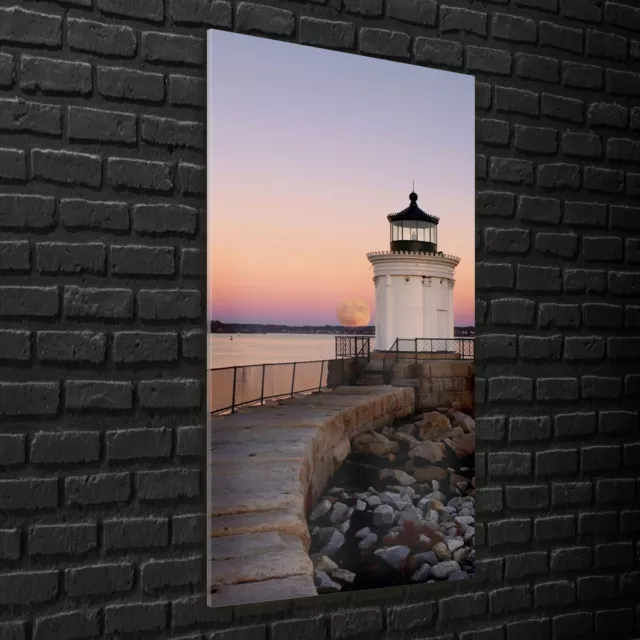 Wandbilder Glasbilder XXL 70x140 Leuchtturm mit Sonnenuntergang Felsen Himmel