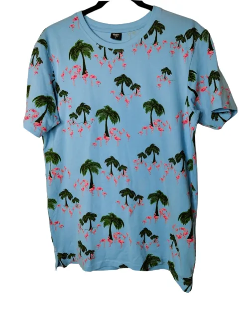COTTON TRADERS Men's Flamingo T-Shirt Size M Pale Sky Palm Tree Holiday Tee Top