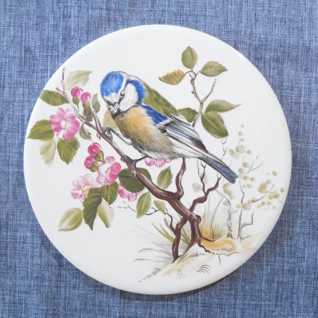 H & R Johnson Round Tile Trivet from ENGLAND Blue Bird Flower Blossoms