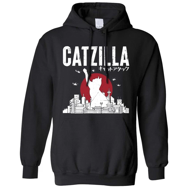 Felpa con cappuccio Catzilla carino gatto gattino Godzilla film gioco scherzo maglione con cappuccio