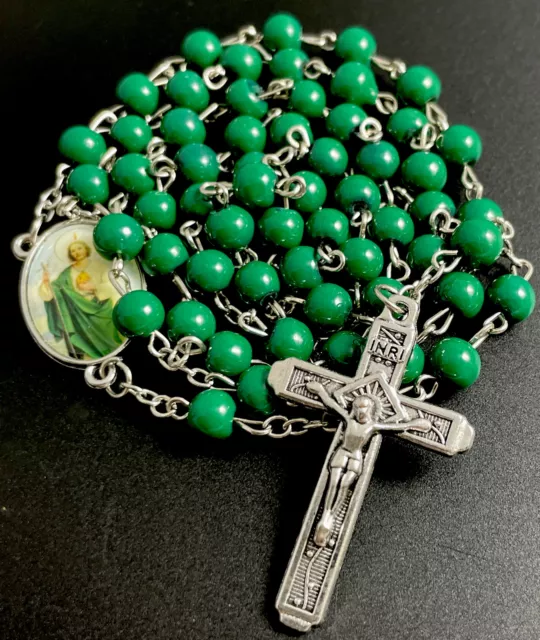 Catholic St Jude Green Glass 5 Decade Rosary, Silver Tone Crucifix