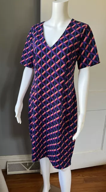 Trina Turk V Neck Geometric Lines Dress Size 8 Poly/Spandex Lined Multicolor EU